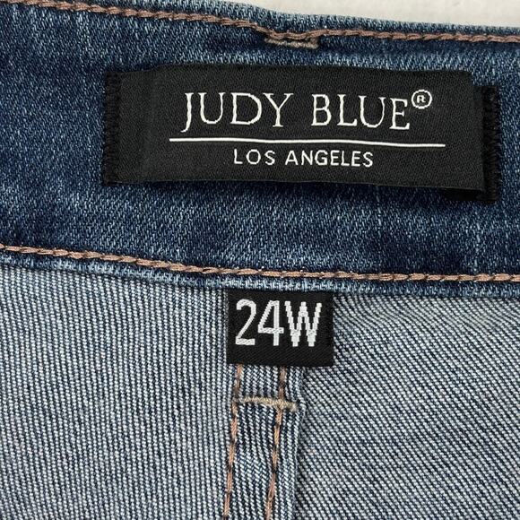 Judy Blue Jean Sz 24W Boyfriend Fit Medium Wash Distressed Raw Hem Stretch Denim - Picture 4 of 13
